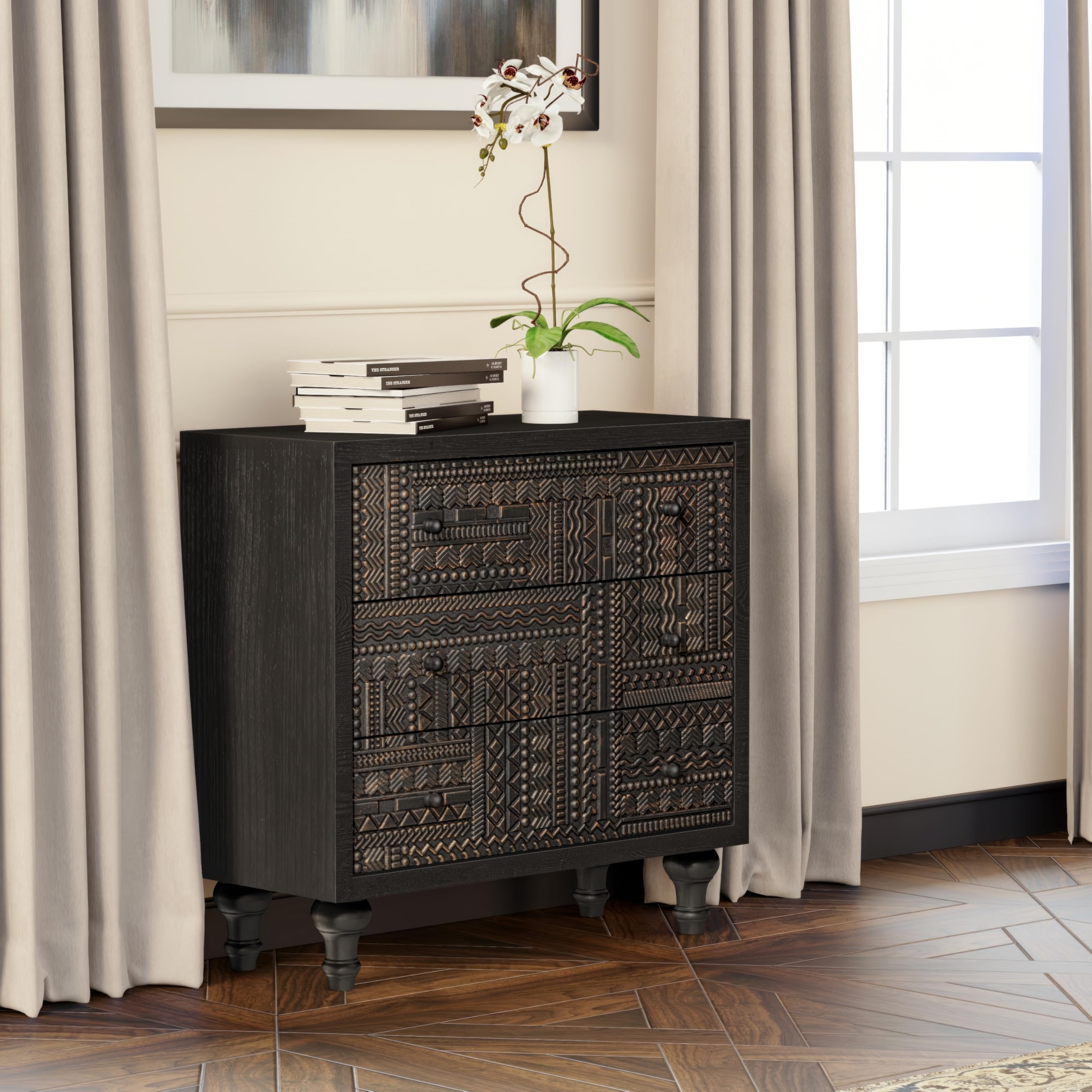 3 Drawer Farmhouse Dresser with Geometric Carved Pattern, Vintage Accent Wood Storage