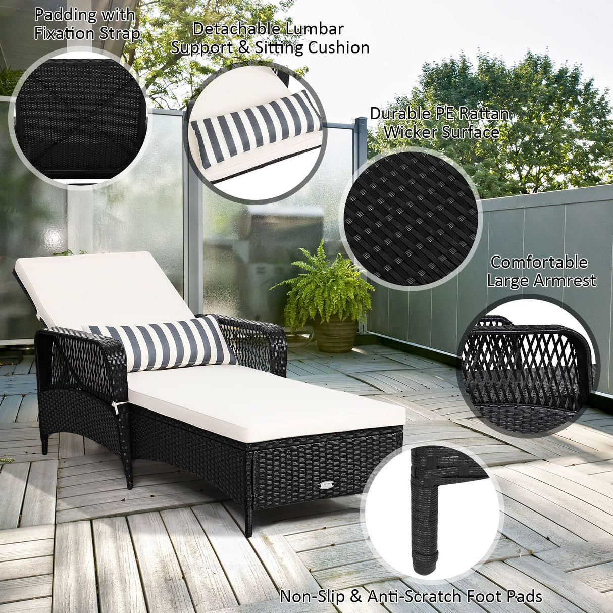 LUARANE Patio Wicker Chaise Lounge, Outdoor Rattan Leisure Recliner, Included Thick Cushion and Removable Lumbar Pillow, 6-Position Adjustable Backrest Suitable for Lawn, Beach, Balcony