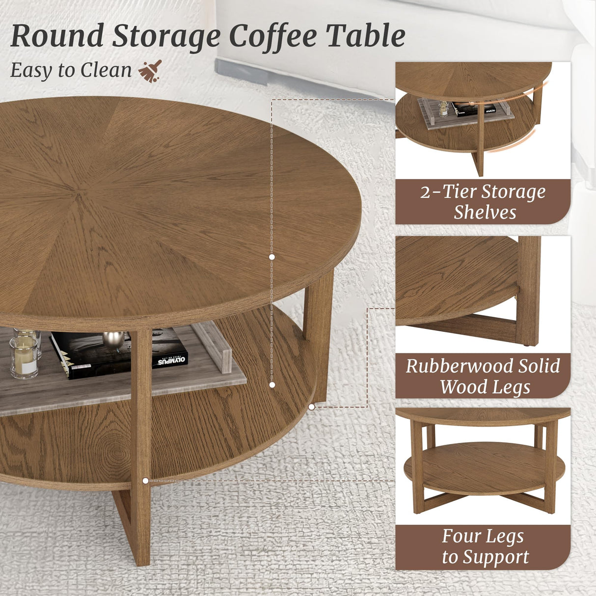 Round Coffee Table, 35" Rustic Modern Circle Coffee Tables with 2-Tier Storage Shelf