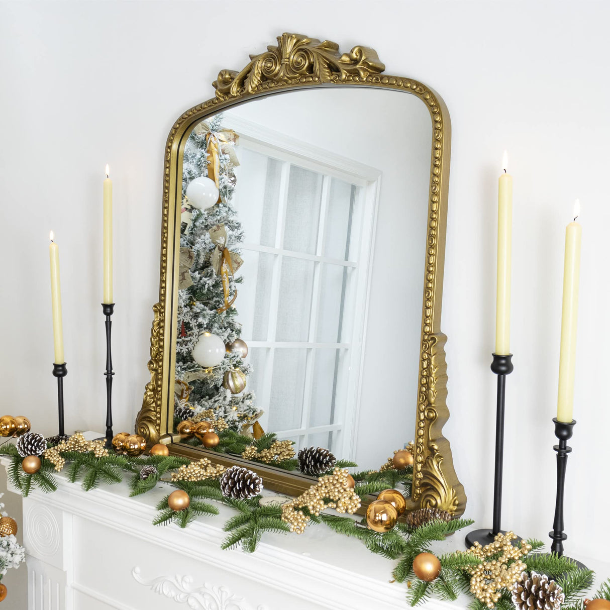 Antiqued Gold Ornate Mirror Arched Mantel Wall Mirror Baroque Inspired Bathroom