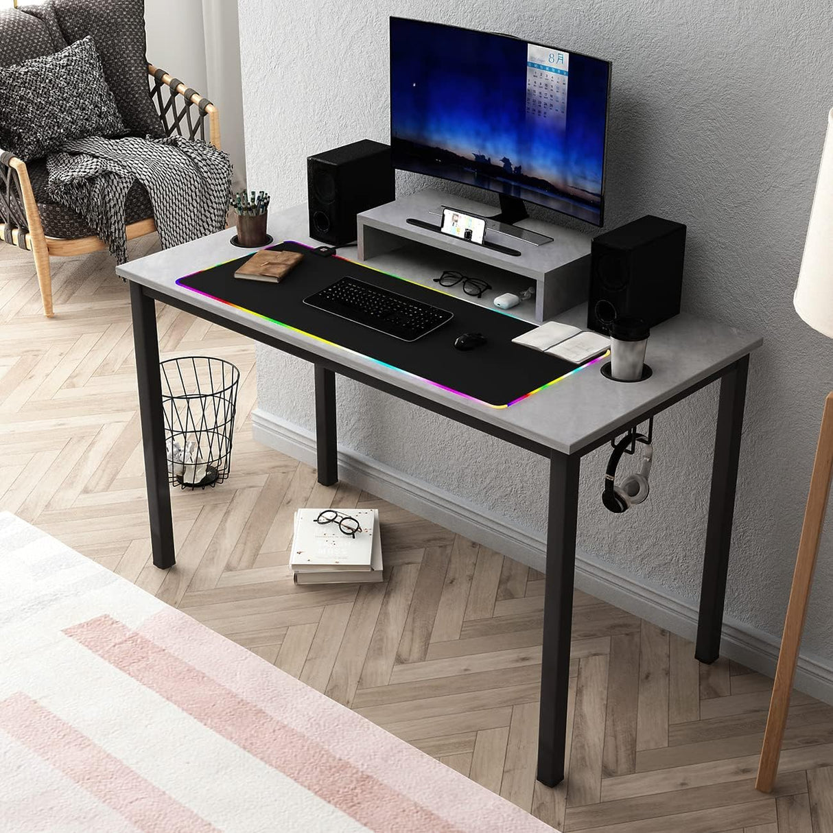 Gaming Desk- 47" All-in-one Gamer Computer Table with Headphone Hook/Cup Holder