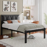 Twin Size Metal Bed Frame with Faux Leather Button Tufted Headboard,