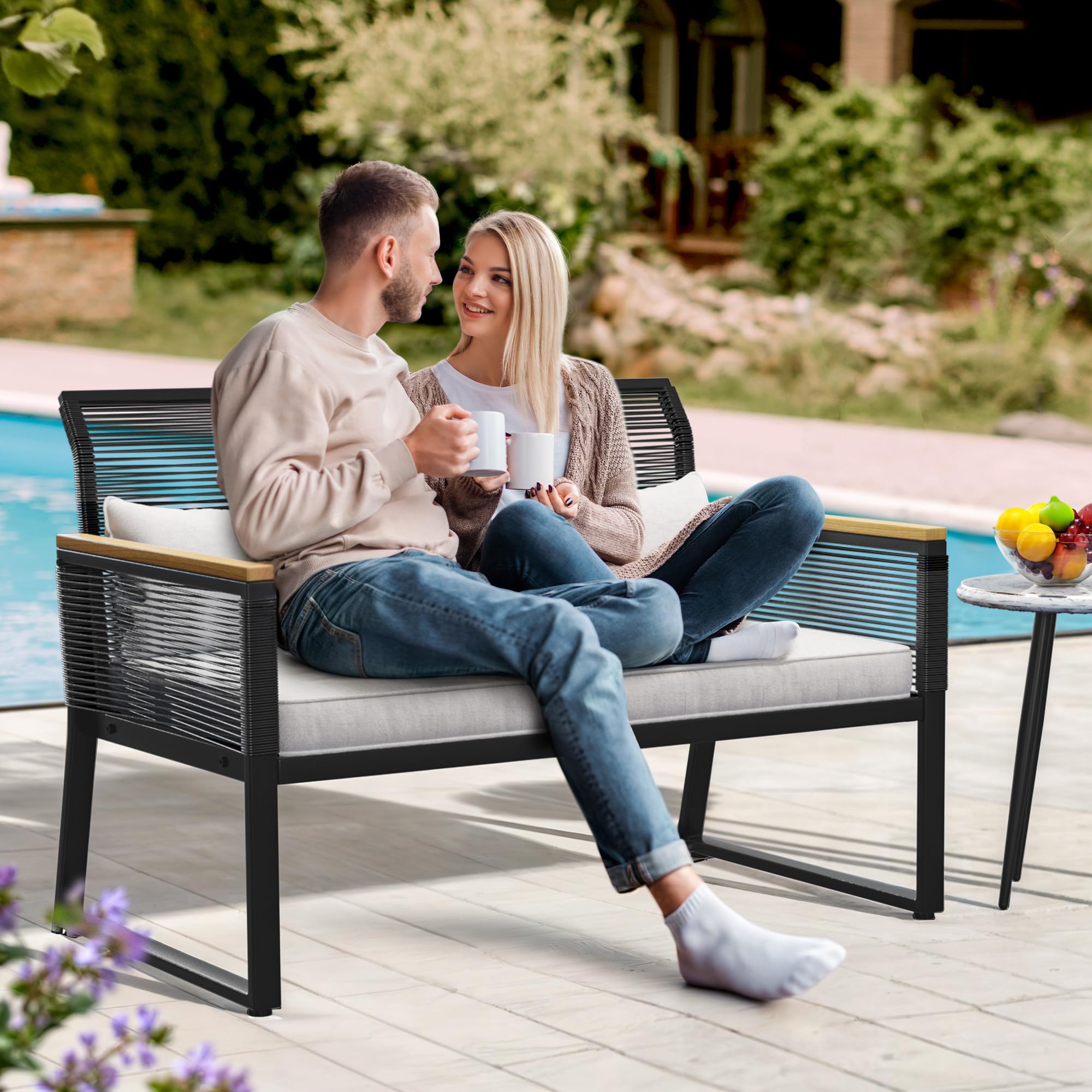 Patio Loveseat All-Weather Wicker Loveseat with Wooden Armrest