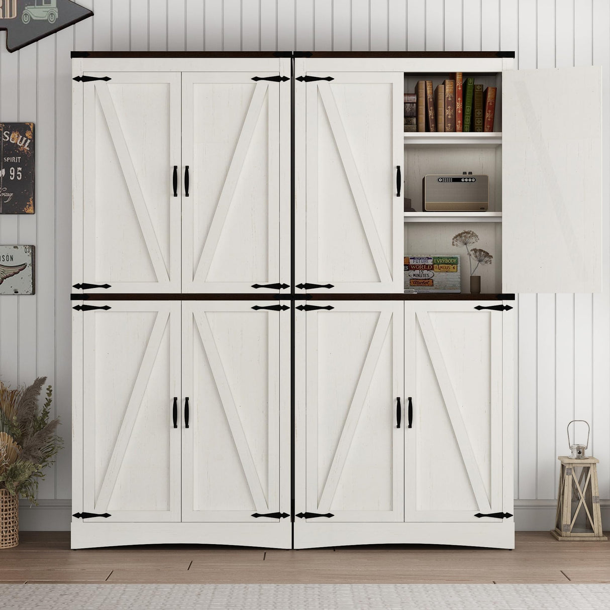 chartustriable 71in Farmhouse Kitchen Pantry Cabinet,Tall Storage Cabinet with 4 Doors and Adjustable shelves,with Load-Bearing Steel Pipe,Wood Storage Cabinets for Kitchen,Dining Room,Bathroom(White)