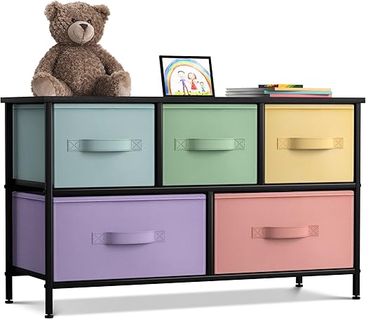 Kids Dresser with 5 Drawers - Storage Chest Organizer Unit with Steel Frame