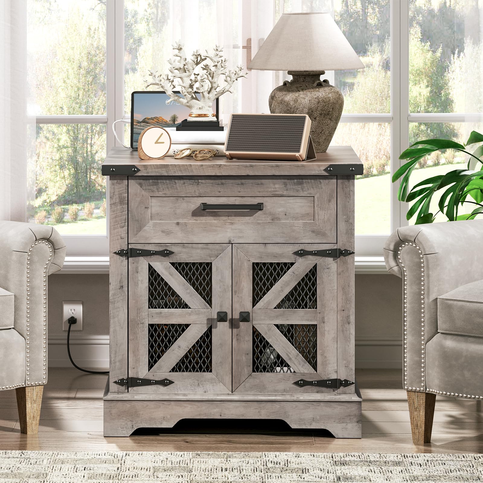 Farmhouse End Table with Charging Station, 24" Large Sofa Side Table