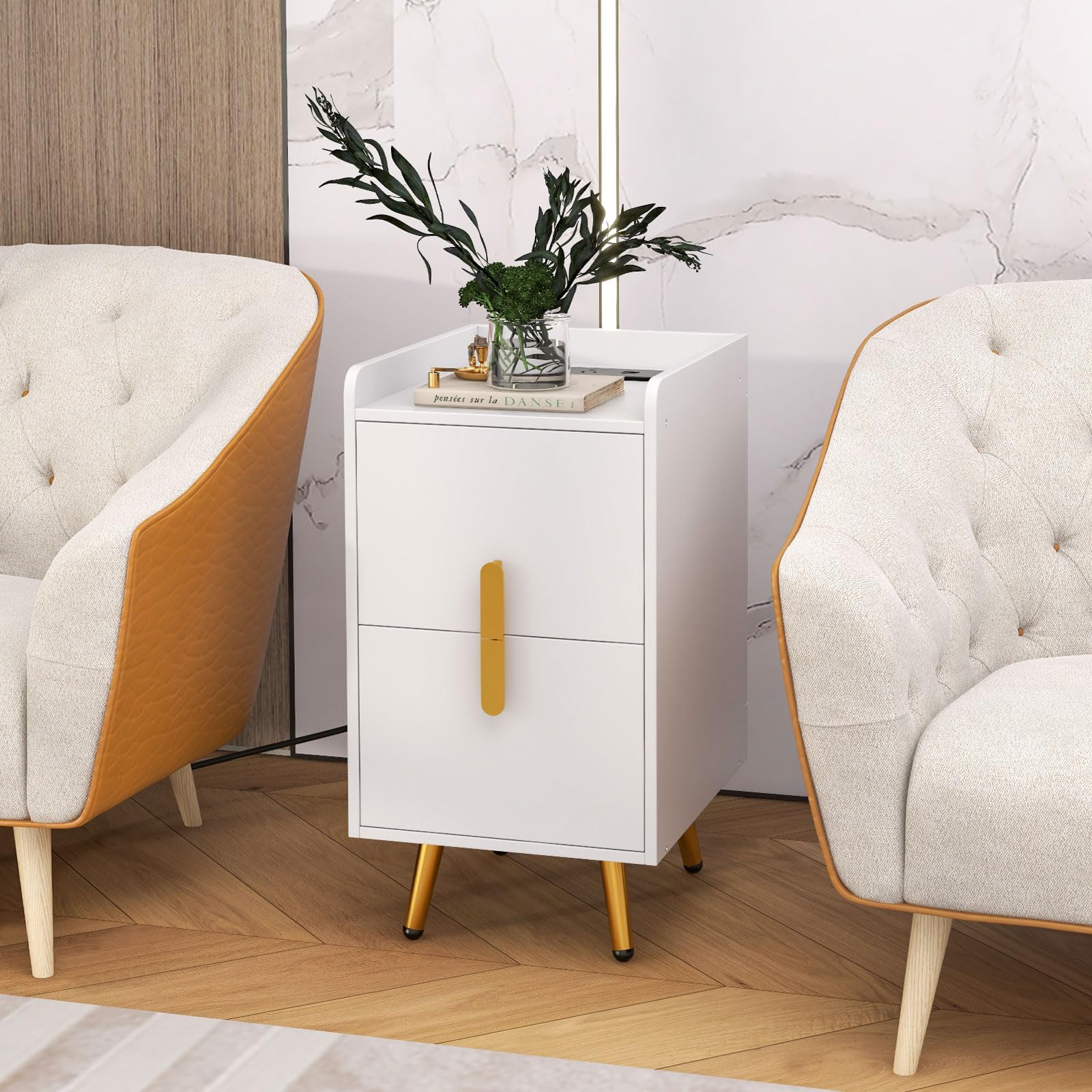 Nightstand with Charging Station, Narrow End Table with 2 Drawers & Metal