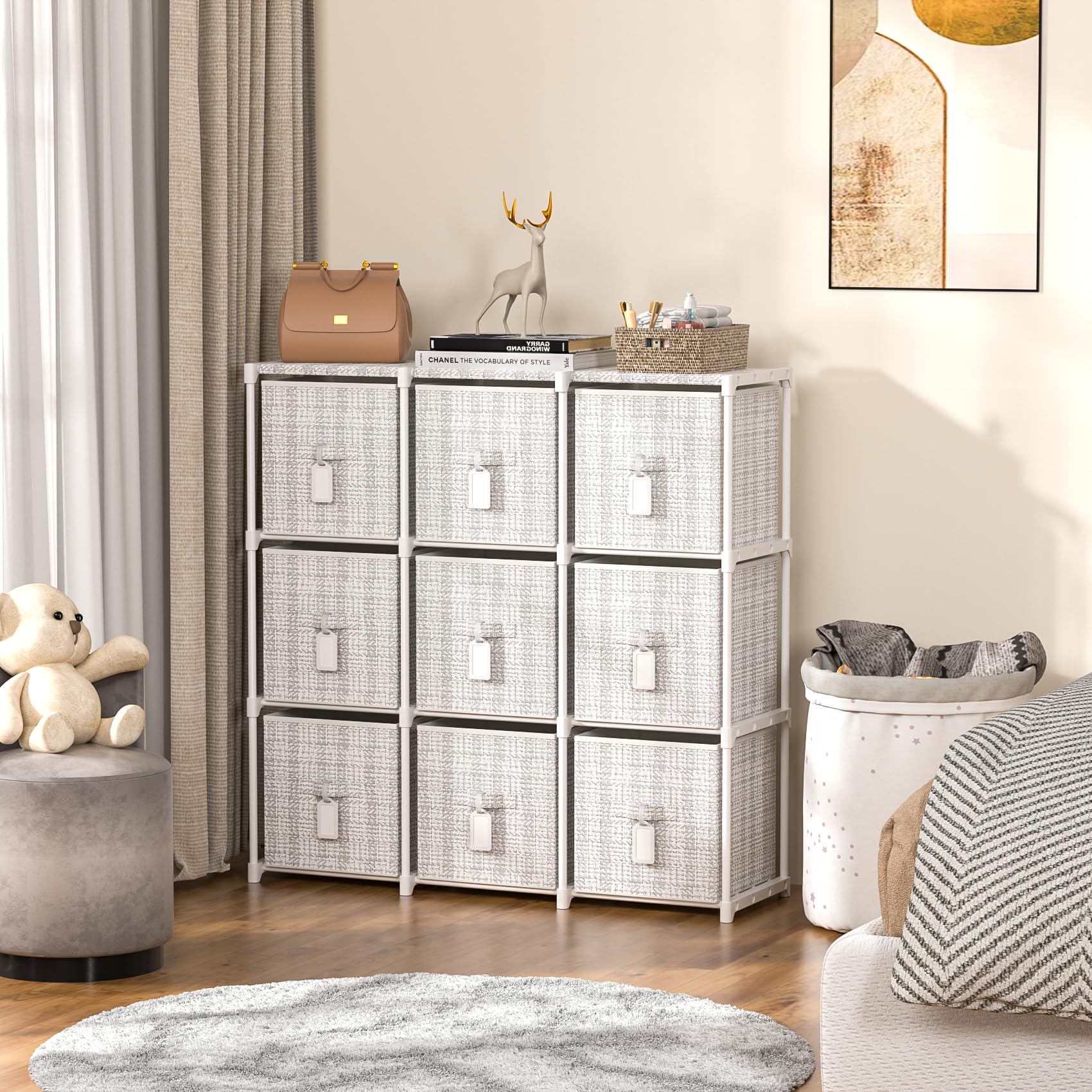 9 Cube Storage Organizer with Printed Drawers, Toy Cubby Storage for Closet