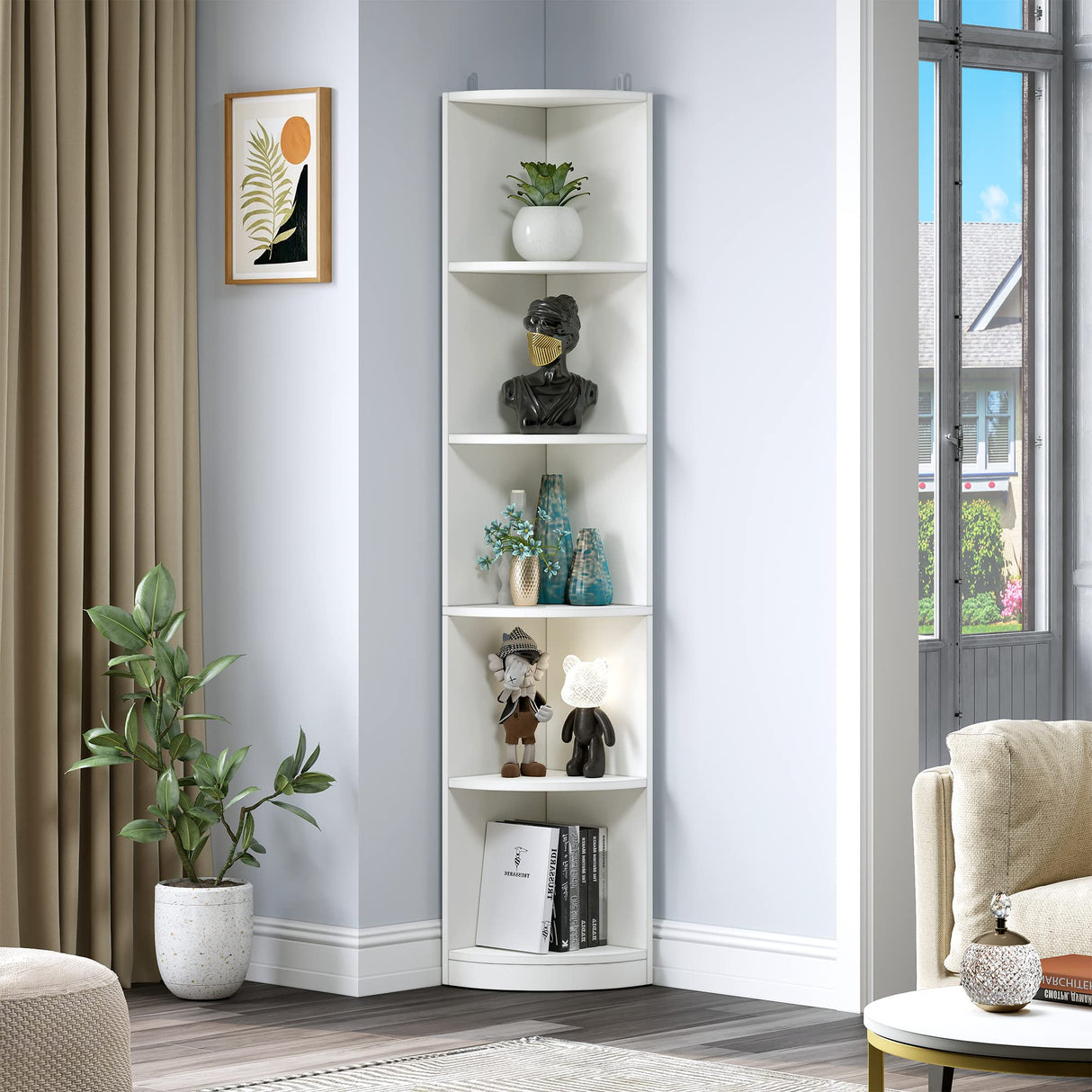 5-Tier Corner Shelf, 70.8" Tall Modern Free Standing Corner Bookshelf, 5 Shelf Display Corner Bookcase and Bookshelves,Wooden Open Storage Book Shelves for Living Room, Home Office, White