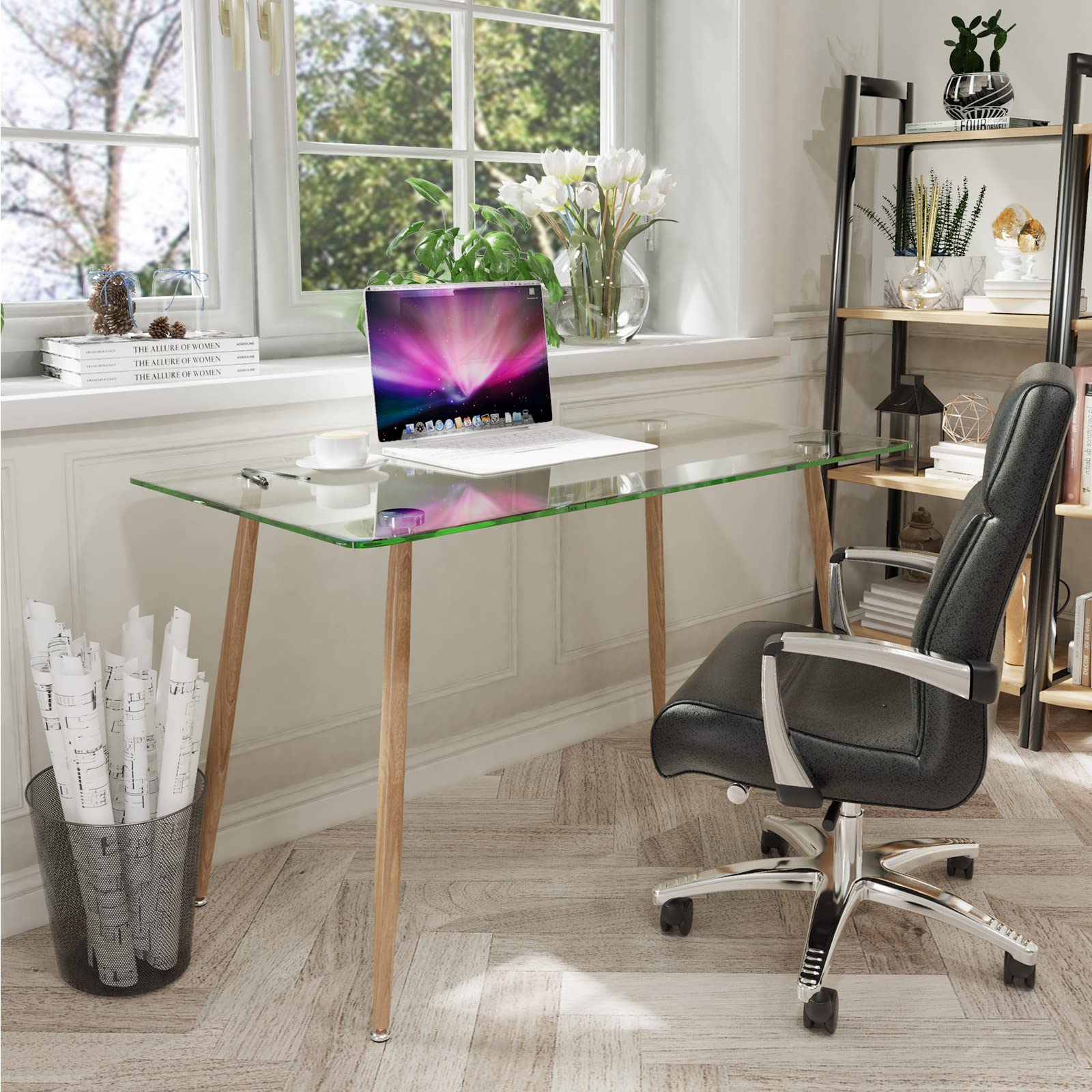 Glass Dining Table, Modern Rectangular Table with Tempered Glass Tabletop & Black