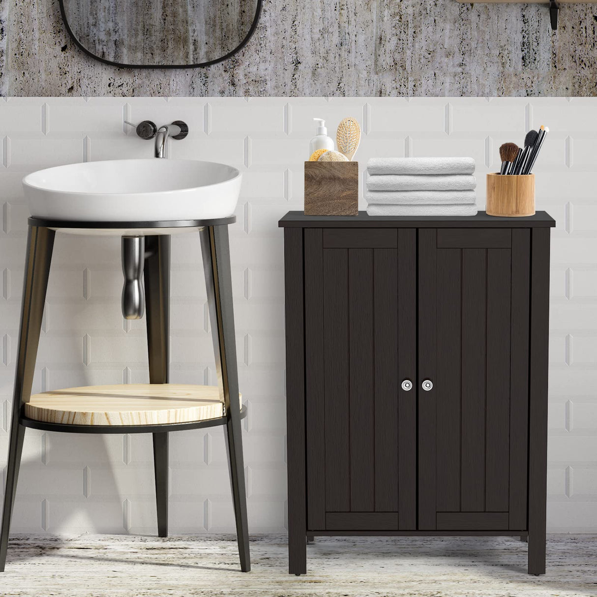 Bathroom Floor Cabinet - Freestanding Side Storage Organizer with Double Doors & Adjustable Shelf