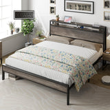 King Size Bed Frame Industrial Platform Bed with Charging Station, 2-Tier Storage