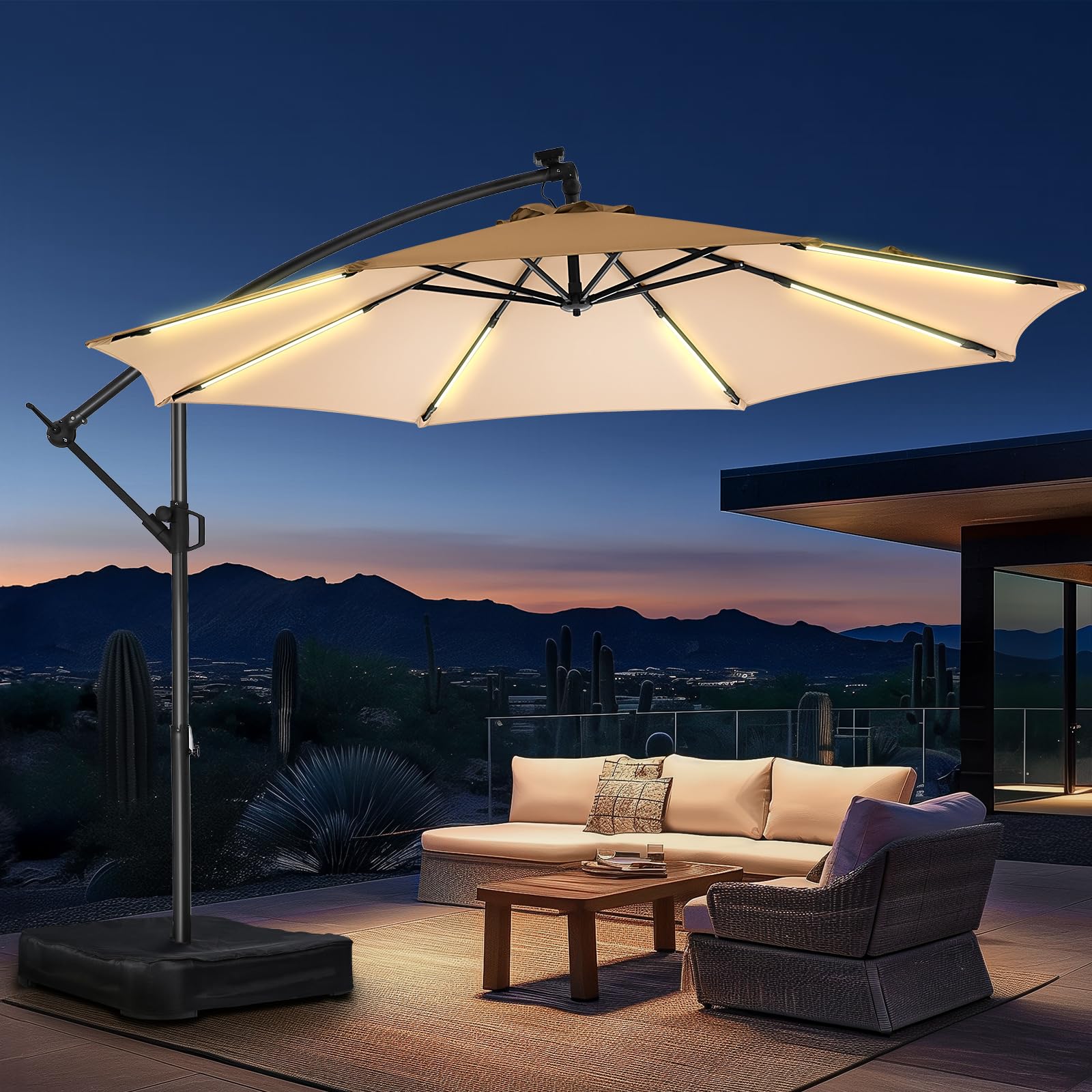 10ft Solar Lights Offset Cantilever Patio Umbrella - with Light and Base, LED Lighted
