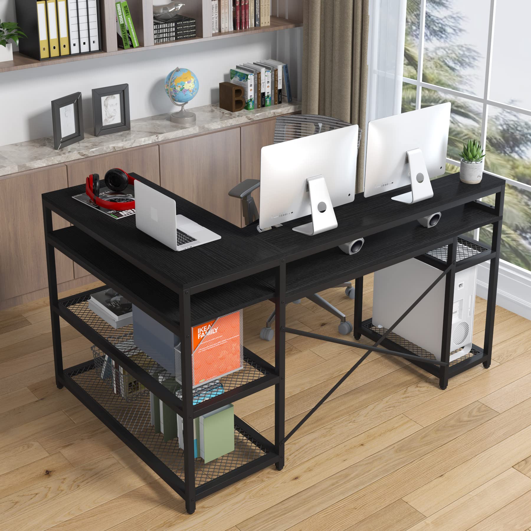 L Shaped Desk with Storage and Monitor Stand, Industrial Home Office Computer Desk