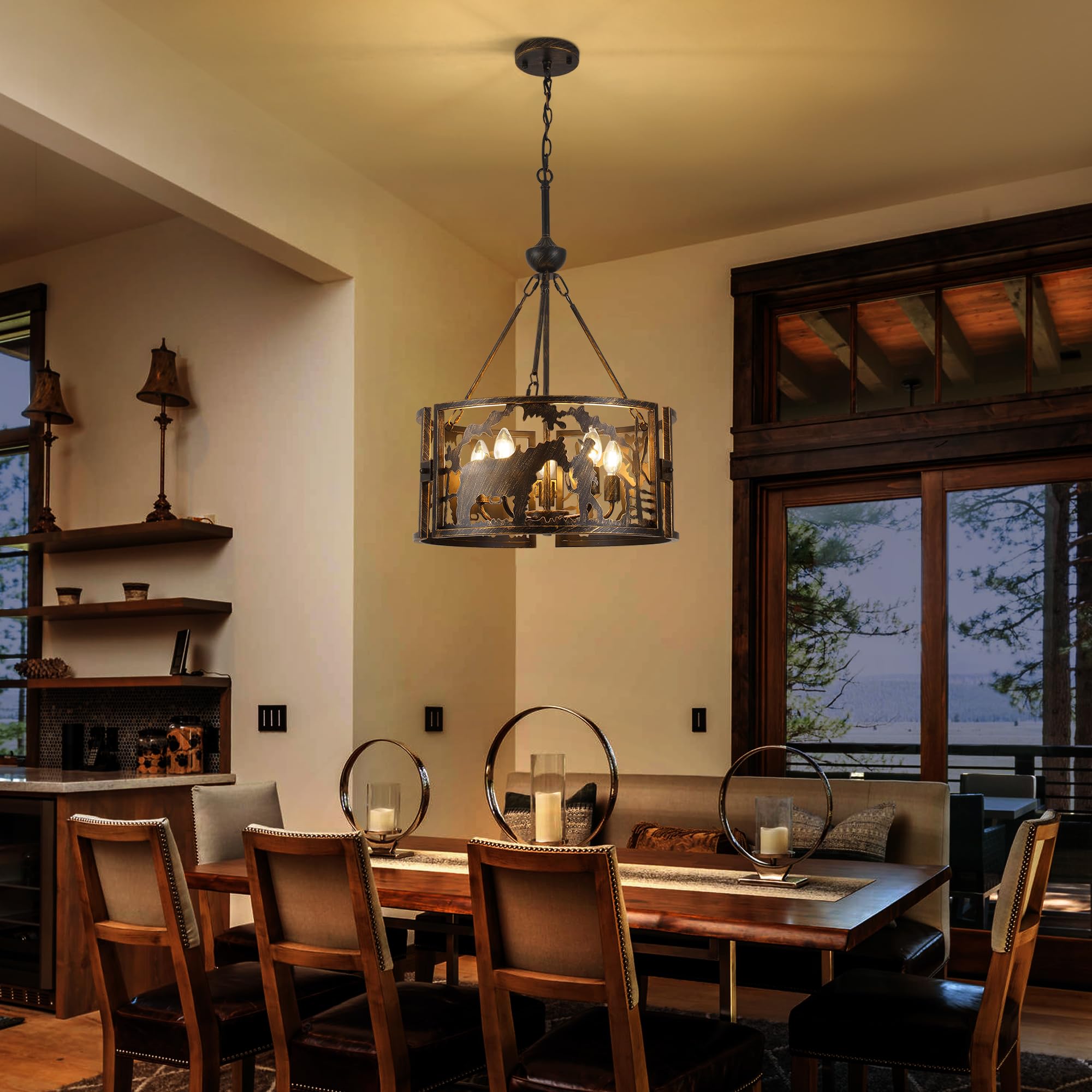 5-Light Black Drum Chandelier,Modern Farmhouse Industrial Hanging