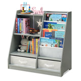 Kids Bookshelf with 2 Storage Boxes and 4 Sling Bookcase, Toddlers Book and Toy