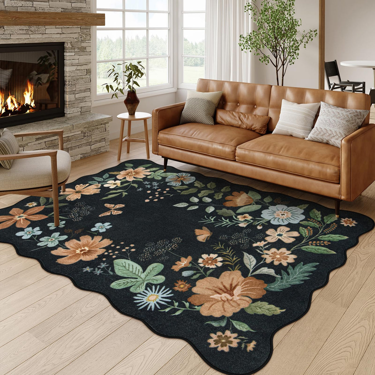 Floral Rugs for Living Room, 5x7 Area Rugs Ultra-Thin Soft Washable Rug, Non-Slip