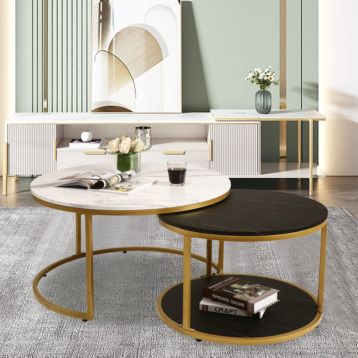 Nesting Coffee Table Set of 2,Round Coffee Tables Modern Circle Table