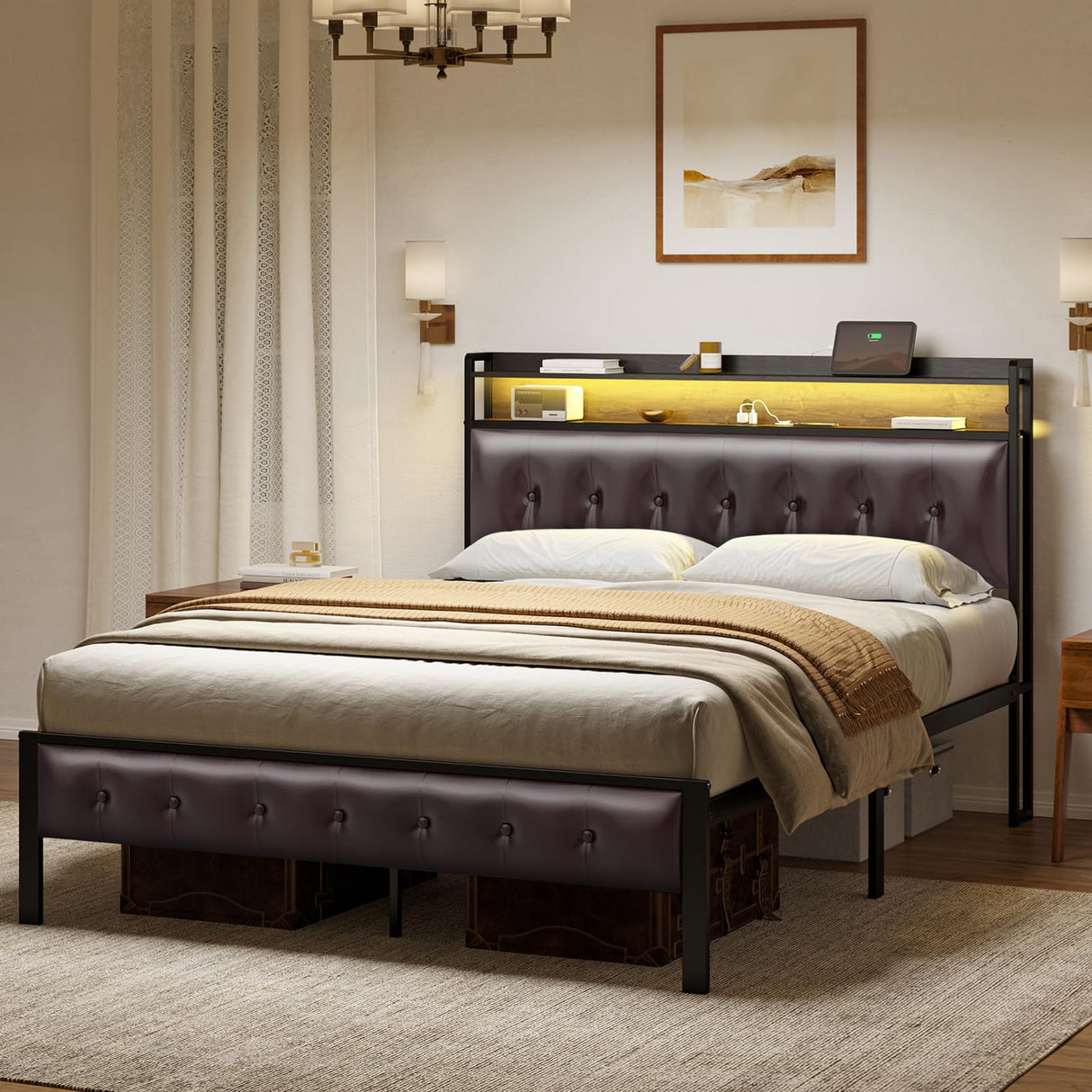 Bed Frame Queen Size with Storage Headboard Platform Bed Frame