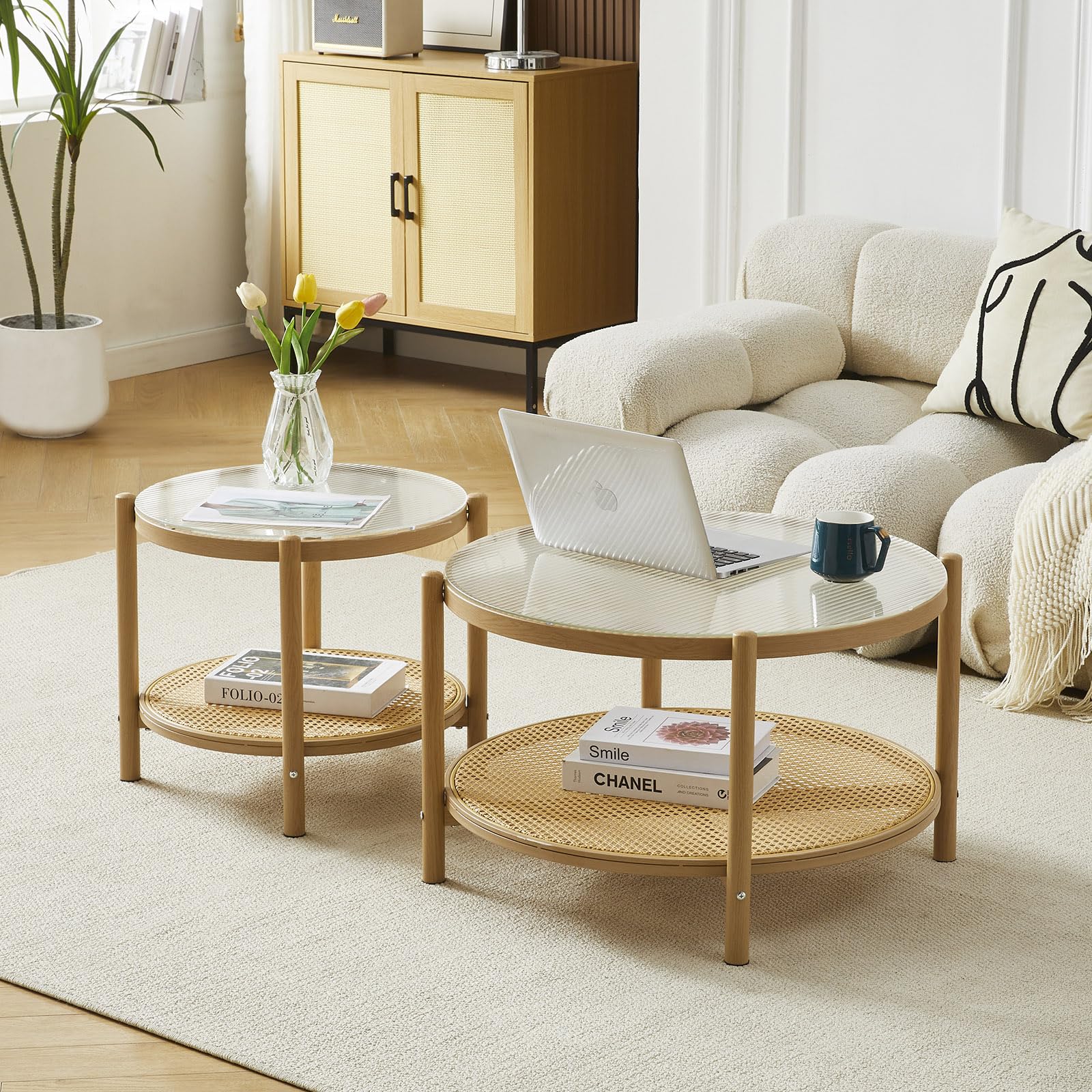 19.6" Boho Rattan Coffee Table, Round Glass Metal End Table