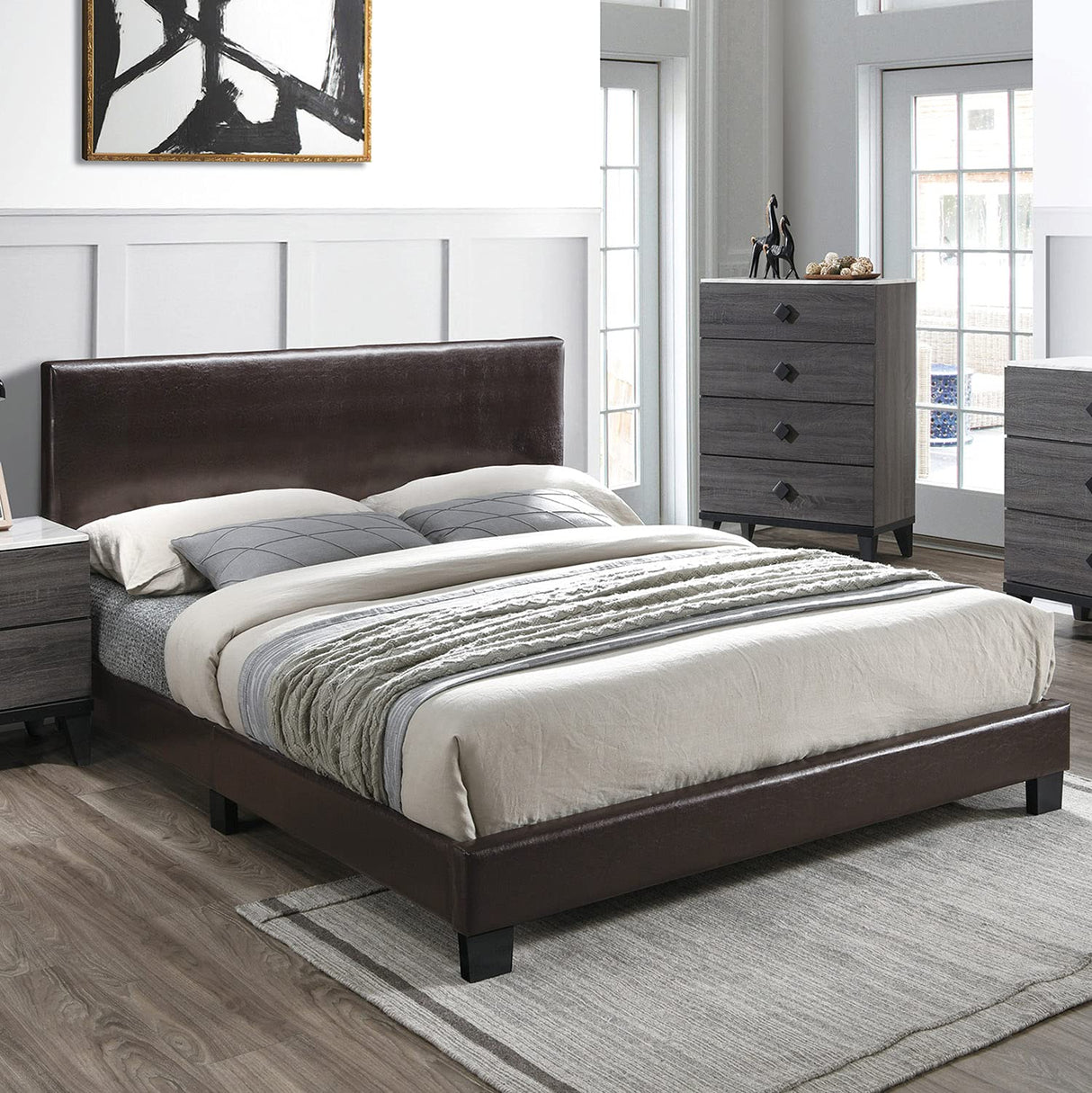 Faux Leather Upholstered Full Bed,Brown