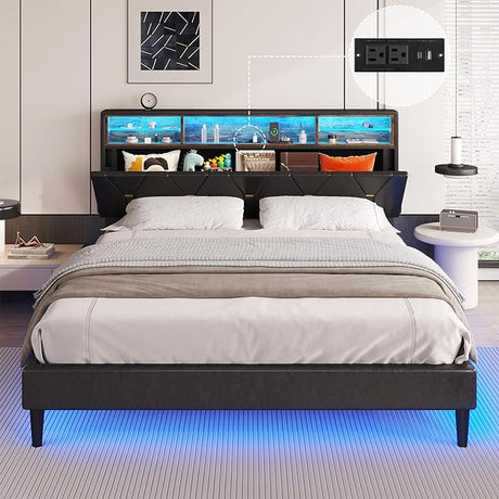 Queen Bed Frame with Storage Headboard and RGB LED Lights, PU Leather Platform Bed