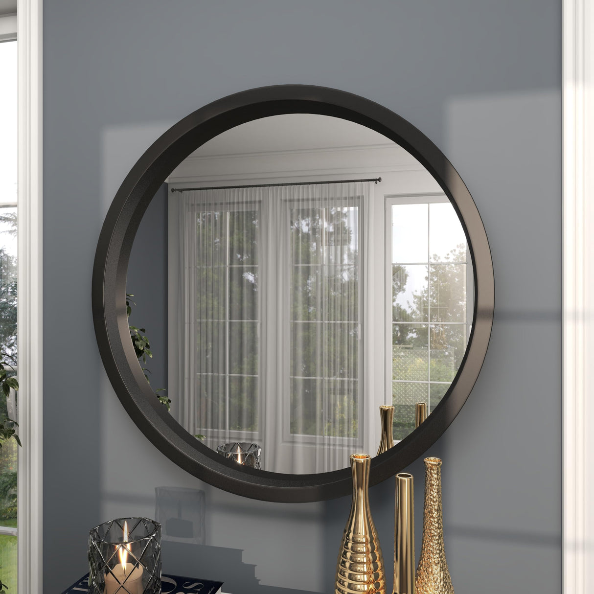 Wooden Room Wall Mirror Entryway Mirror, Wall Mounted Mirror 32" x 2" x 32", Black