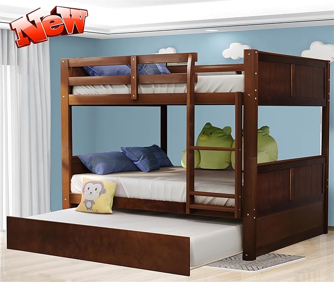 Upgraded Version Thicken Solid Wood Full Over Full Bunk Bed with Trundle