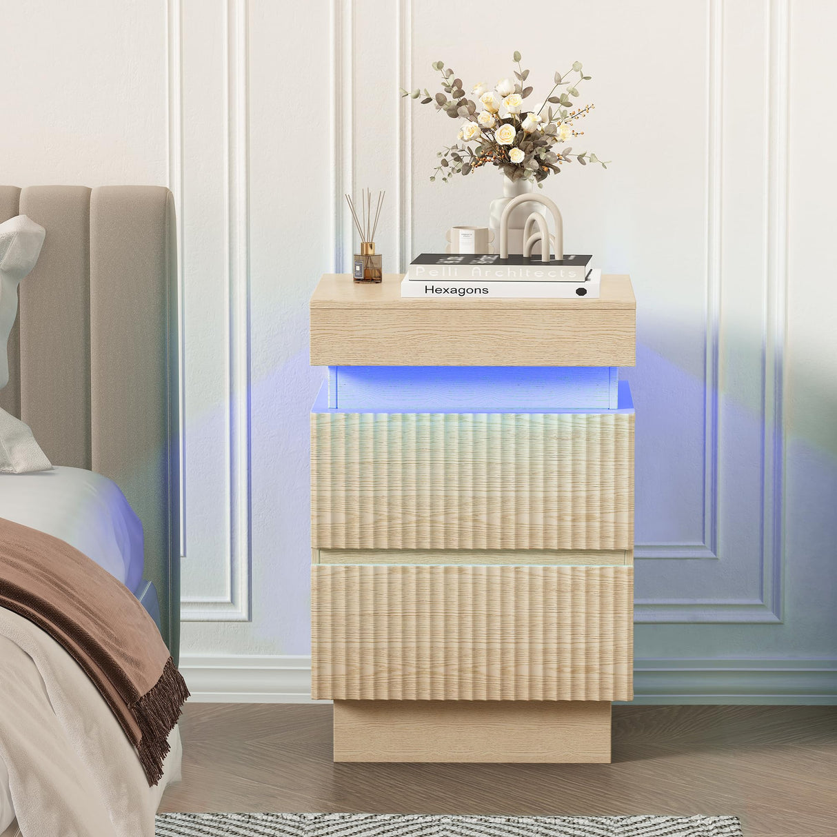 Led Nightstand with Charging Station, Fluted Night Stand with Drawers and Light, 26" Height