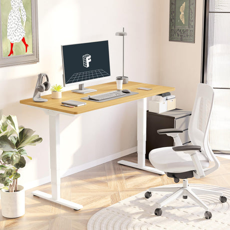 FLEXISPOT E6 Essential 3 Stages Dual Motor Electric Standing Desk 48x30 Inch Whole-Piece Board Height Adjustable Desk Electric Sit Stand Desk(White Frame + Maple Desktop, 2 Packages)