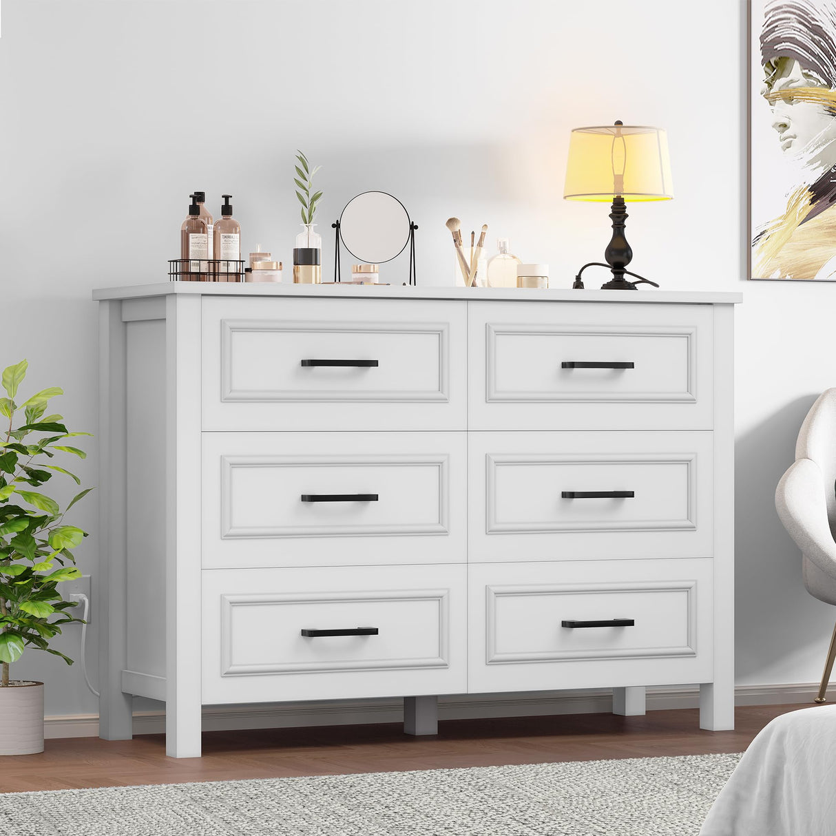 6-Drawer Dresser with Built-in Power Outlet, Wood Dresser TV Stand