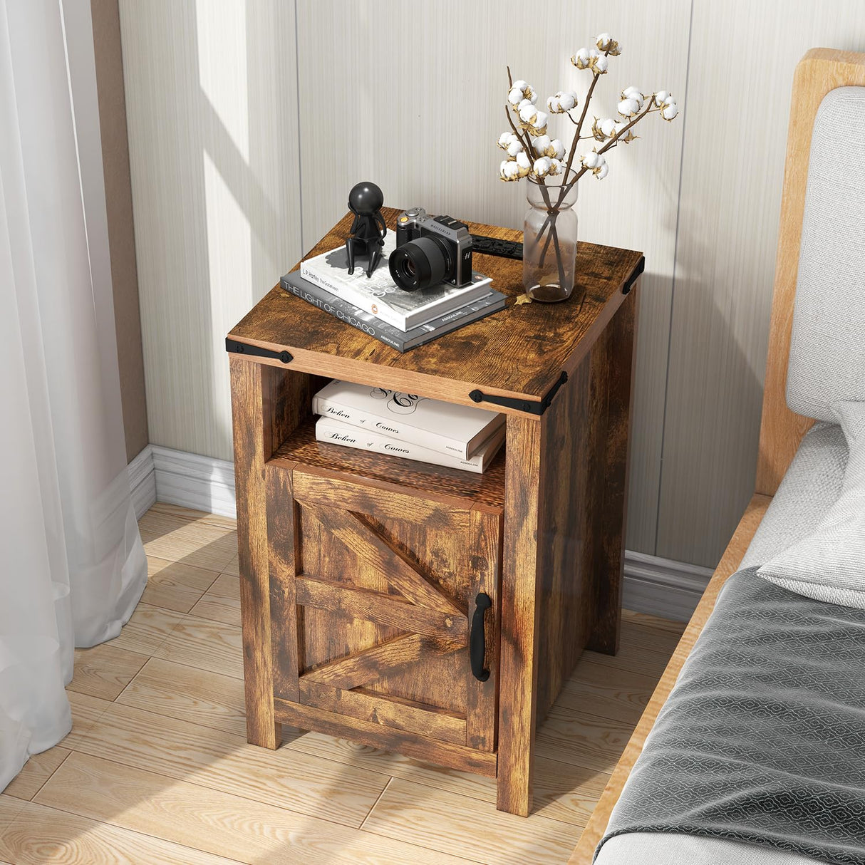 End Table with Charging Station, Farmhouse Nightstand with Barn Door