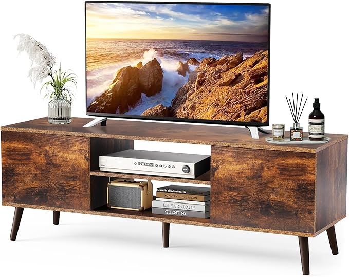 55 Inch TV, Retro Brown Wood Television Stand 1 Cabinet Modern Entertainment Center