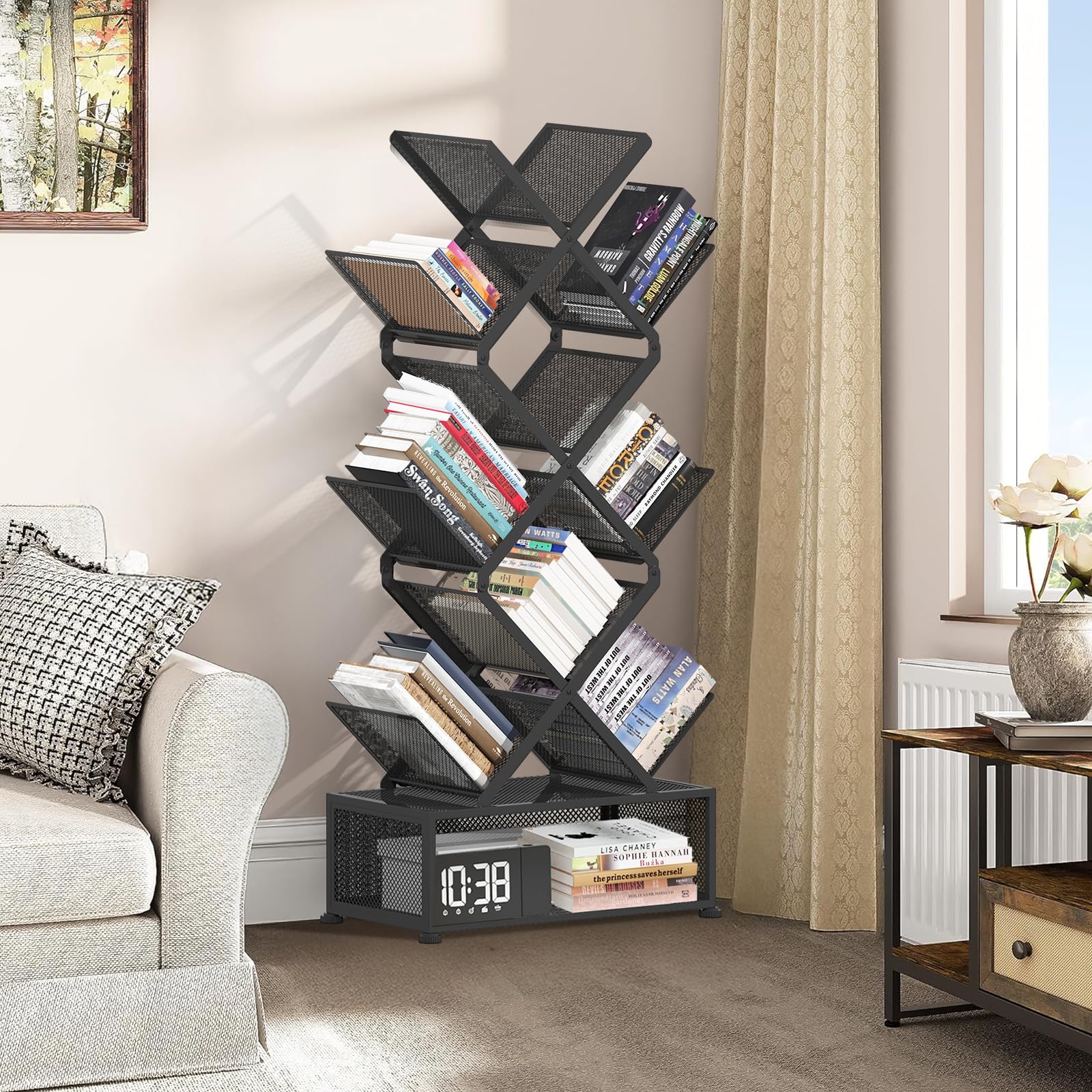 Gintan 9-Tier Corner Bookshelf with Storage,Bedroom Shelves Folding Bookshelves,No Installation Required Shelf Tree Bookcase for Living Room,Study,Home Office,Bed Room (Black)