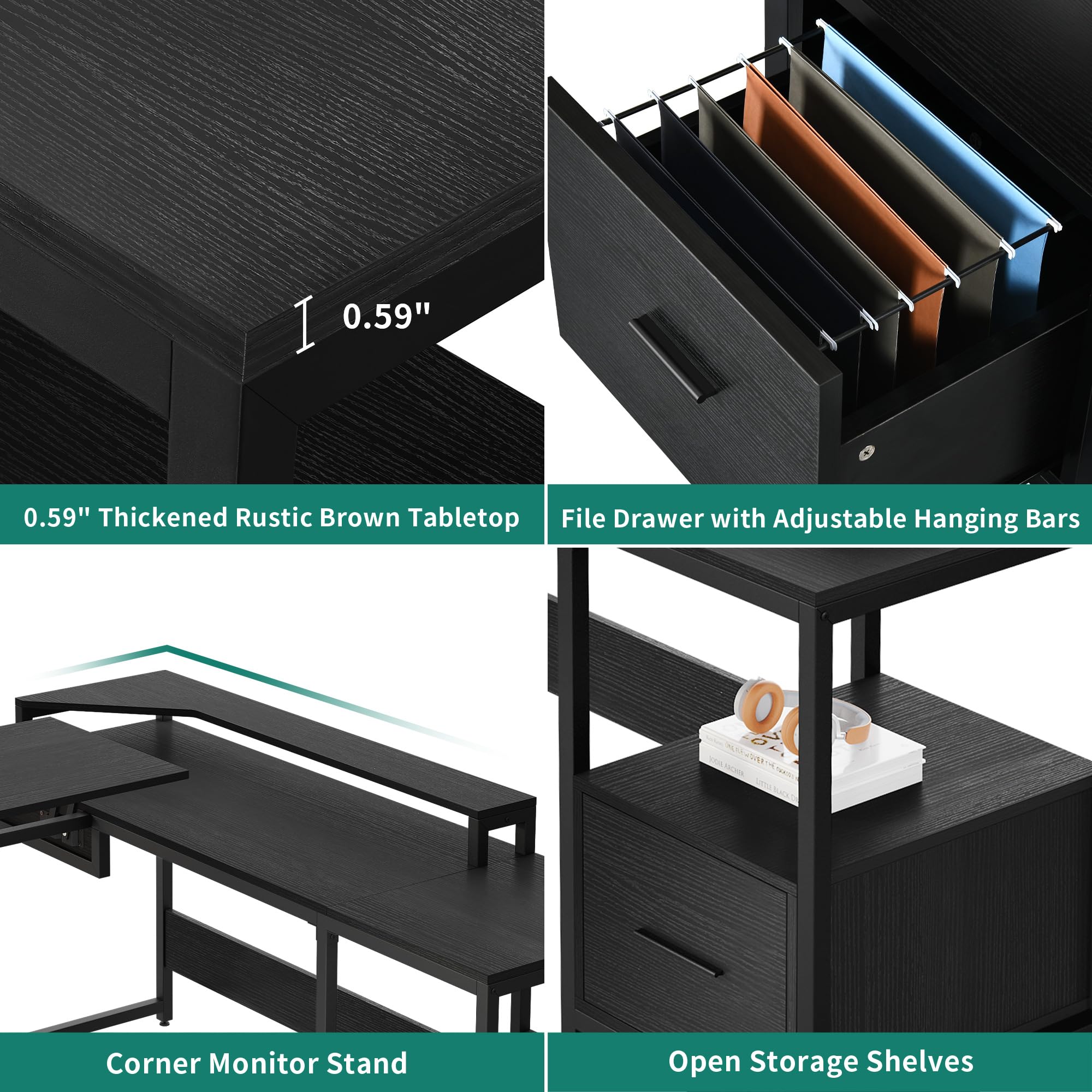 L Shaped Desk with File Drawer, 65" Large Computer Desk Corner Desk with Lift Top