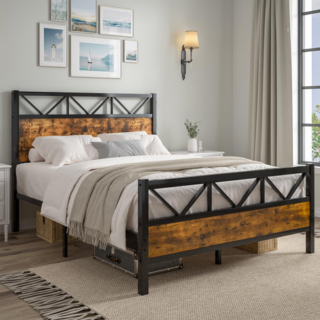 Full Size Bed Frame with 51" Tall Headboard, Industrial Platform Bed with Strong Metal