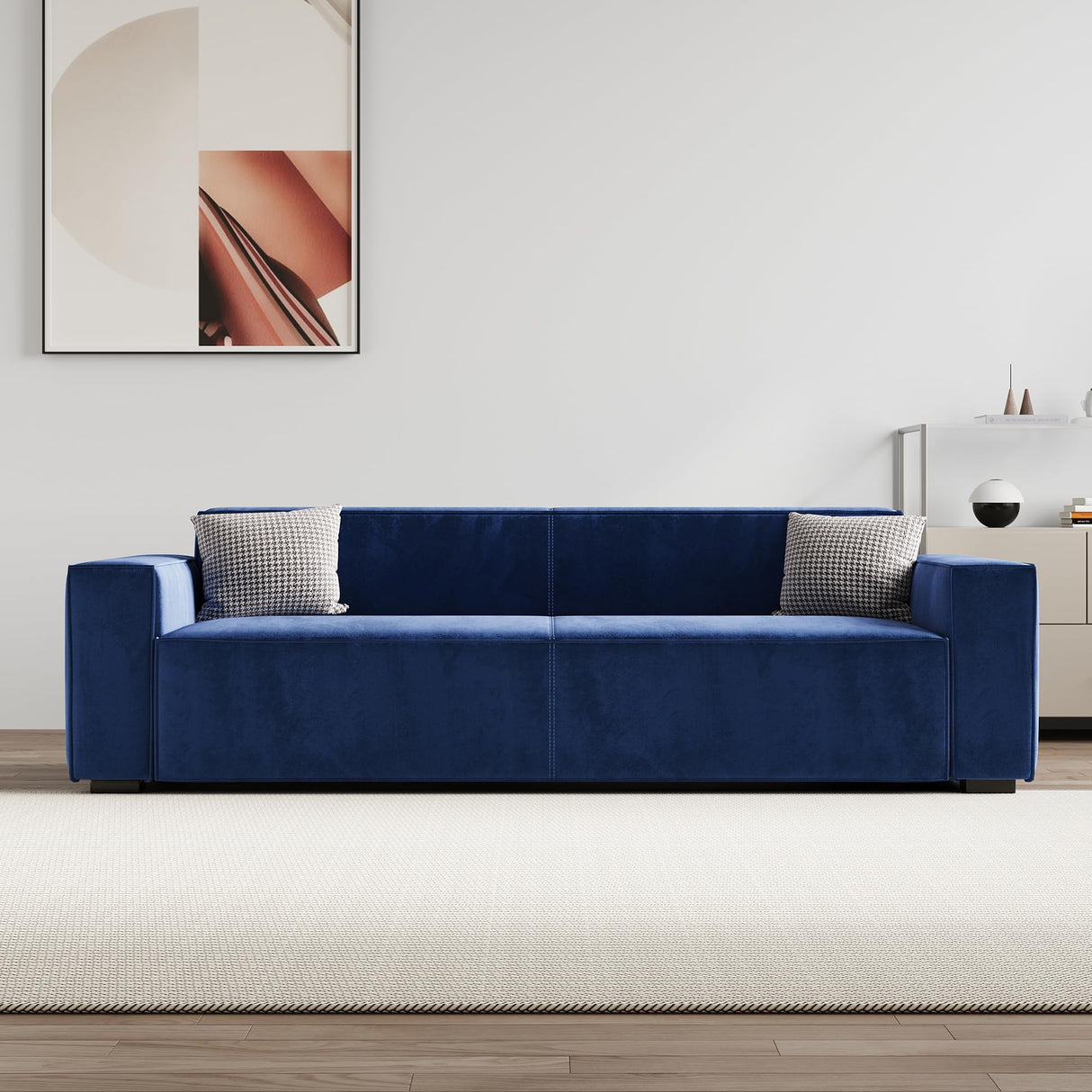 88.6" 3-Seater Modern Minimalist Sofa with Square Armrests, Oversized Seat Velvet Couch and 2 Pillows,