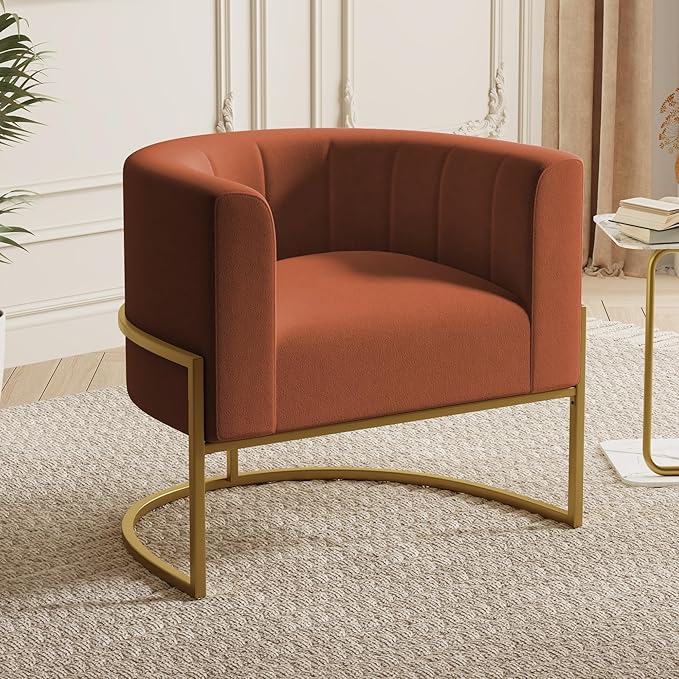 Velvet Accent Chair Invory Modern Comfy Upholstered Barrel Chair Padded Seat, Wide Arm Chairs for Reading Living Room Bedroom Club Side Chairs with Gold Metal Stand