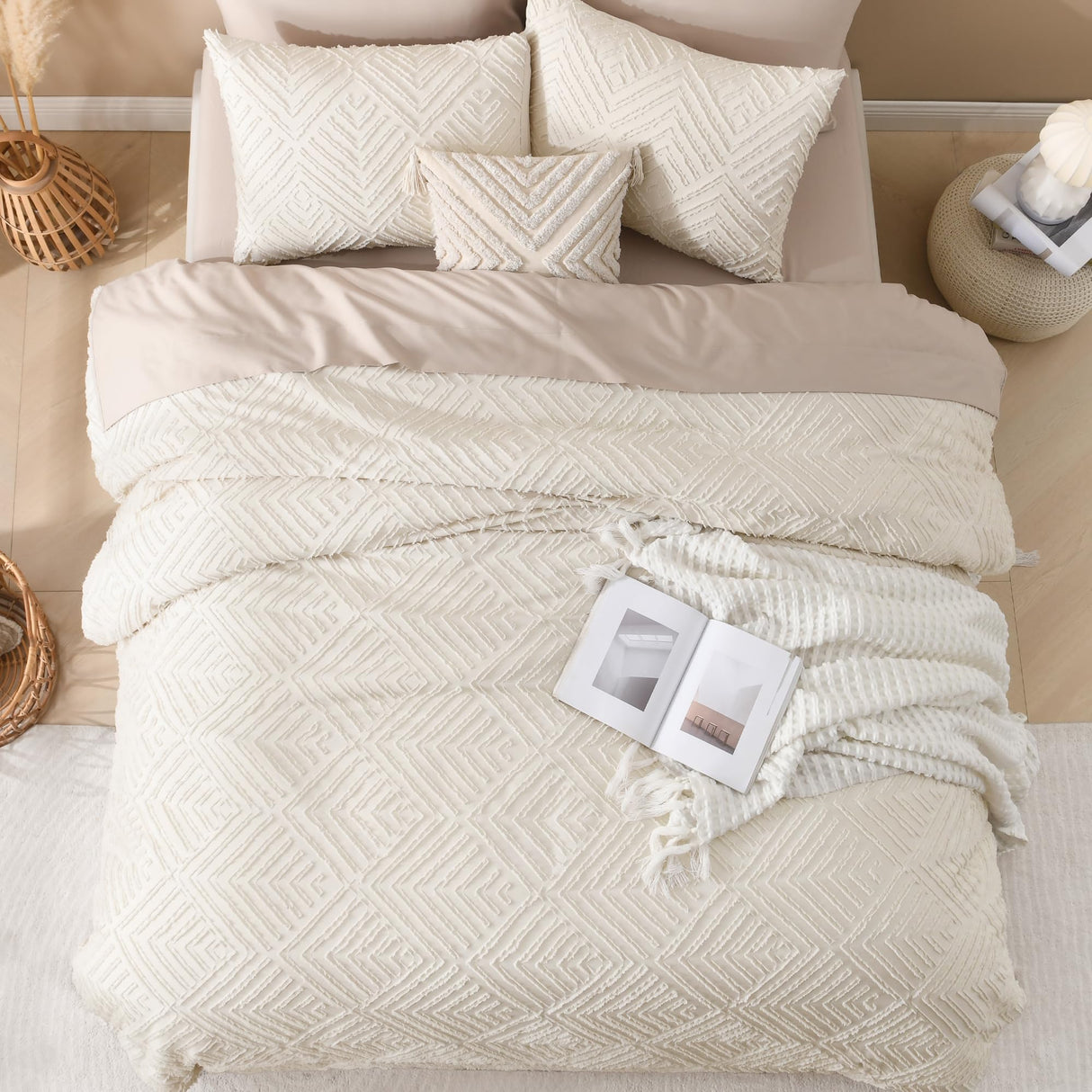King Size Comforter Set Beige, 3 Pieces Boho King Bedding Comforter Set Cream, All Season Soft Lightweight Tufted Textured Down