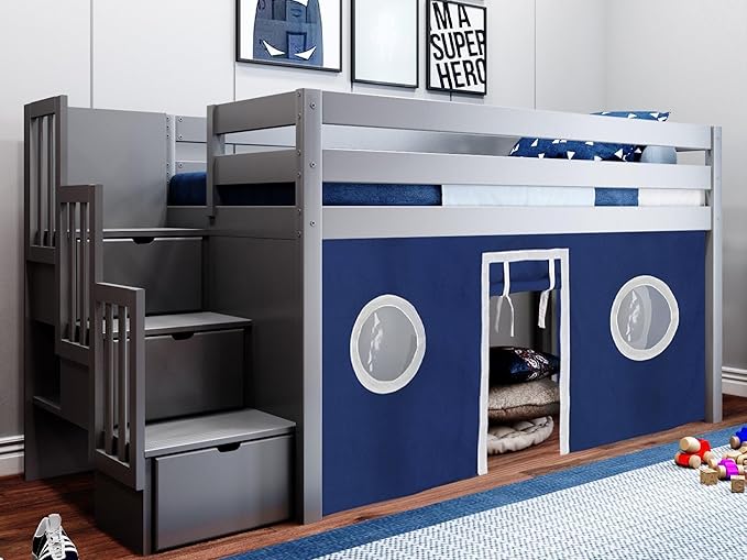 Contemporary Low Loft Twin Bed with a 3 Drawer Stairway, Gray with Gray & White Tent
