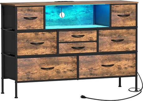 Wide Dresser with Charging Station and LED Light for Bedroom 8 Fabric Drawers Chest