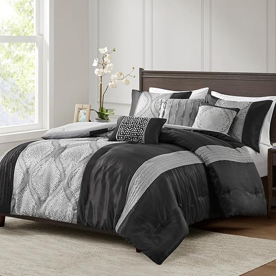 Jacquard Queen Comforter Set - Ogee Print with Pleated Trims - 6 Piece Bedding Set
