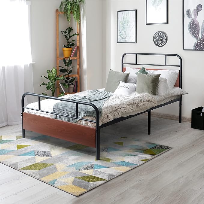 with Wooden Headboard and Footboard, Metal Platform Bed with Premium Steel Frame,
