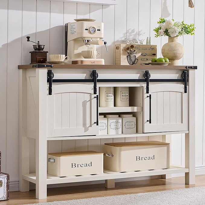 Farmhouse Entryway Table with Sliding Arch Doors, 46" Rustic Console Table