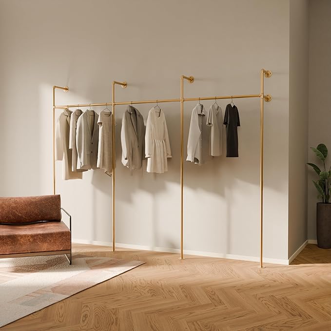 industrial pipe clothing rack metal gold - Wall mounted clothes racks for hanging clothes