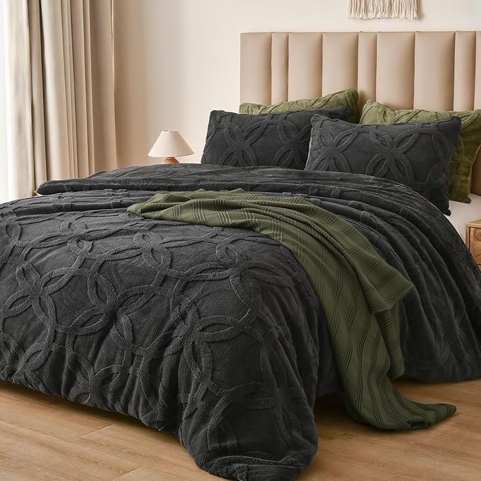 3 Pieces Sherpa Fleece Comforter Set Queen Size, Super Soft & Warm Fluffy Comfy Velvet