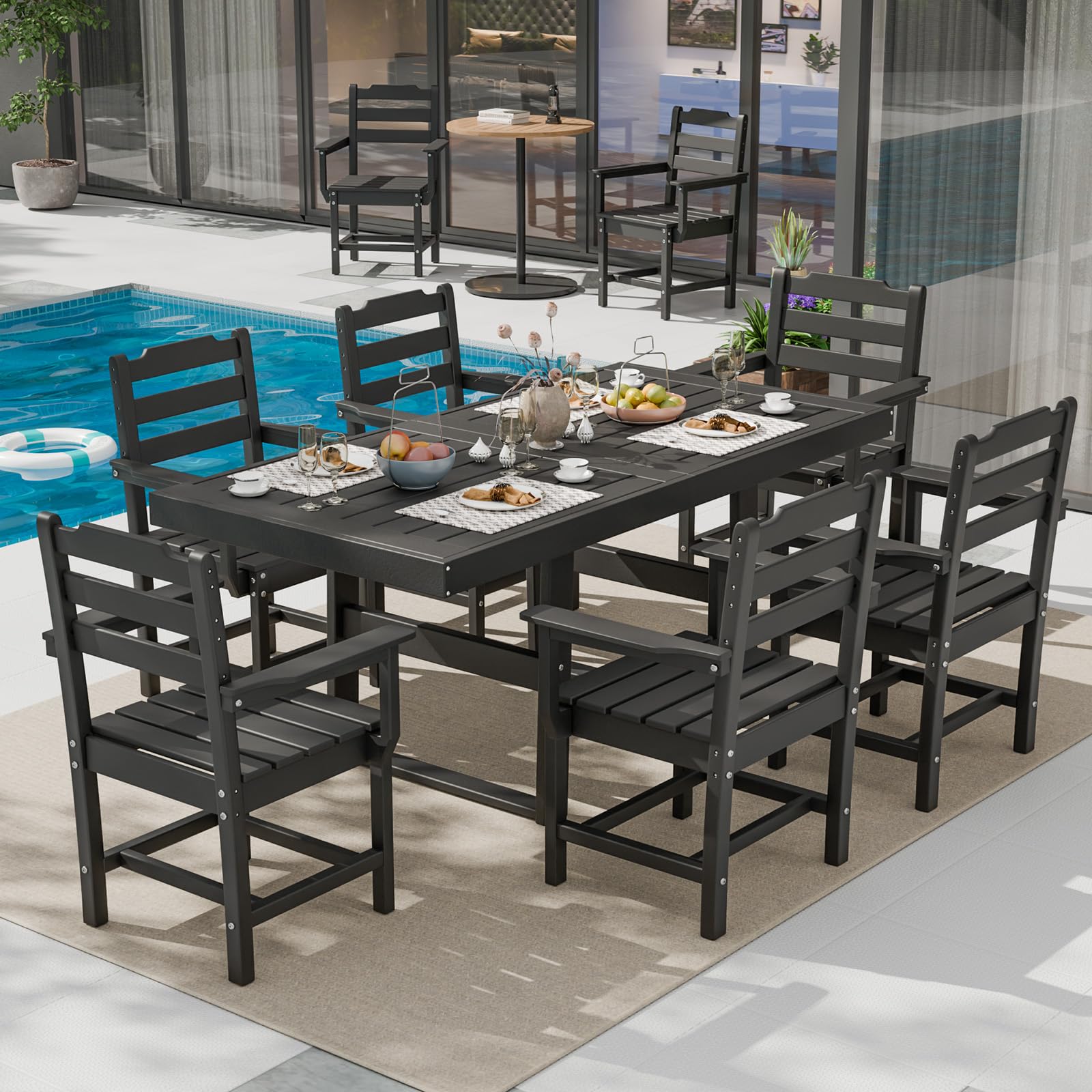 7 Piece Outdoor Dining Set All Weather HDPE Patio Table and Chairs Set for 6