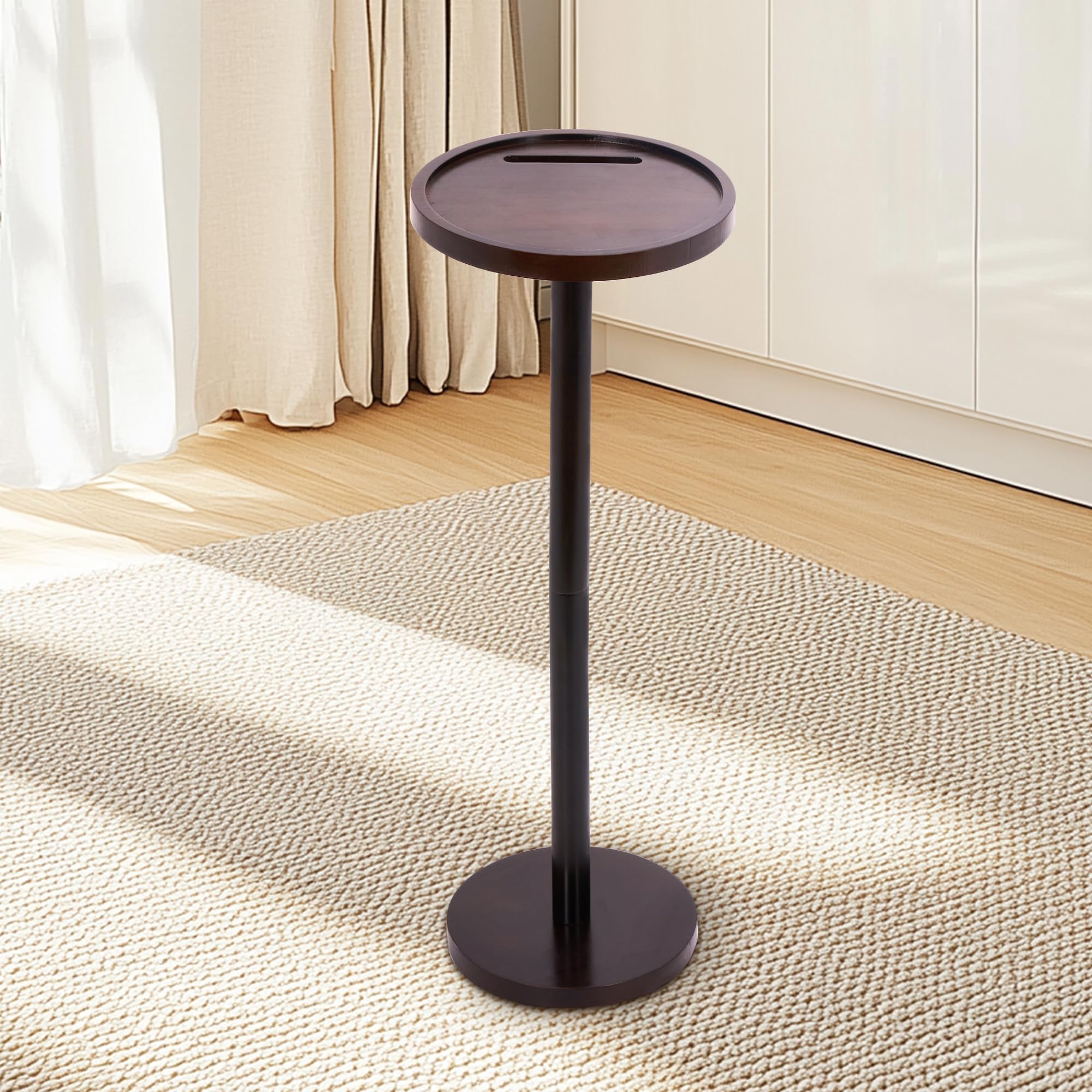 GENMOUS Small Round Pedestal Side Table, End Table with Phone Holder, Vintage Pine Side Table with a 9 inch Top, Drink Table/Night Stand/Beside Table for Samll Spaces, Living Room, Bedroom