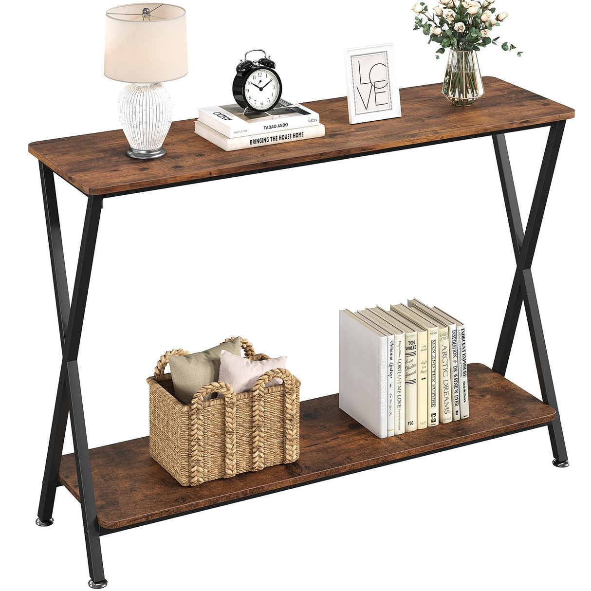 Console Table, Sofa Tables Narrow Entryway Table with Storage Shelf and Metal Frame,