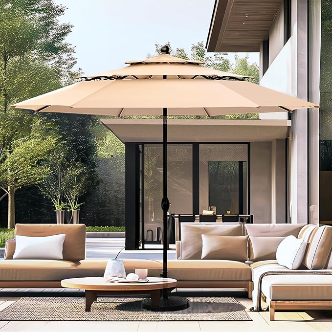 10ft Outdoor Patio Umbrellas for Outside, 3 Tier Vented Market Table Umbrella